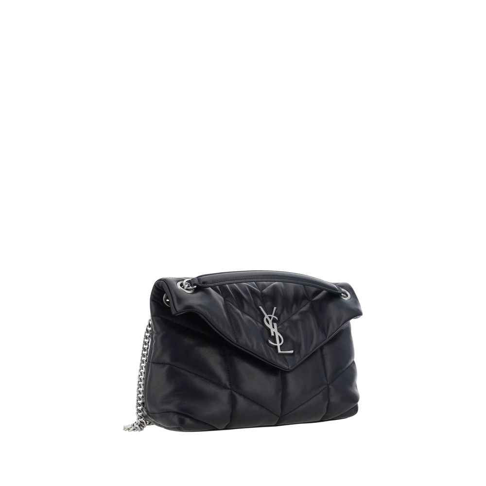 Saint Laurent LouLou Medium shoulder bag, black quilted leather with chain, front view.