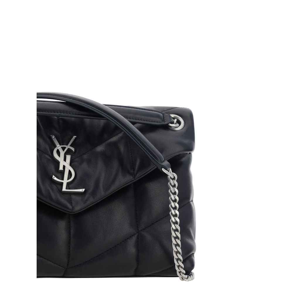 Saint Laurent LouLou Medium shoulder bag in black quilted leather with YSL logo, silver chain, front view