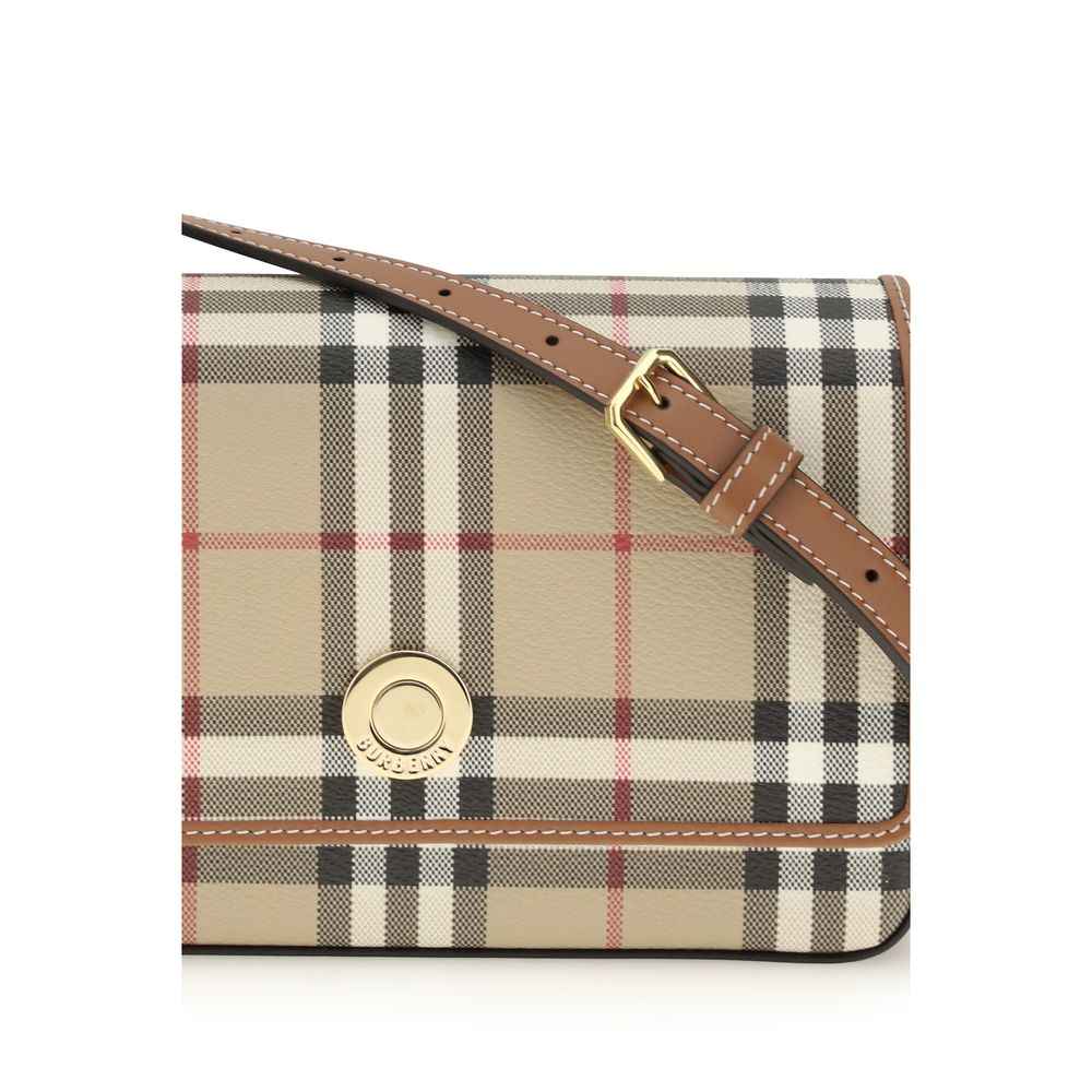 Burberry beige polyurethane shoulder bag with plaid pattern, front view.