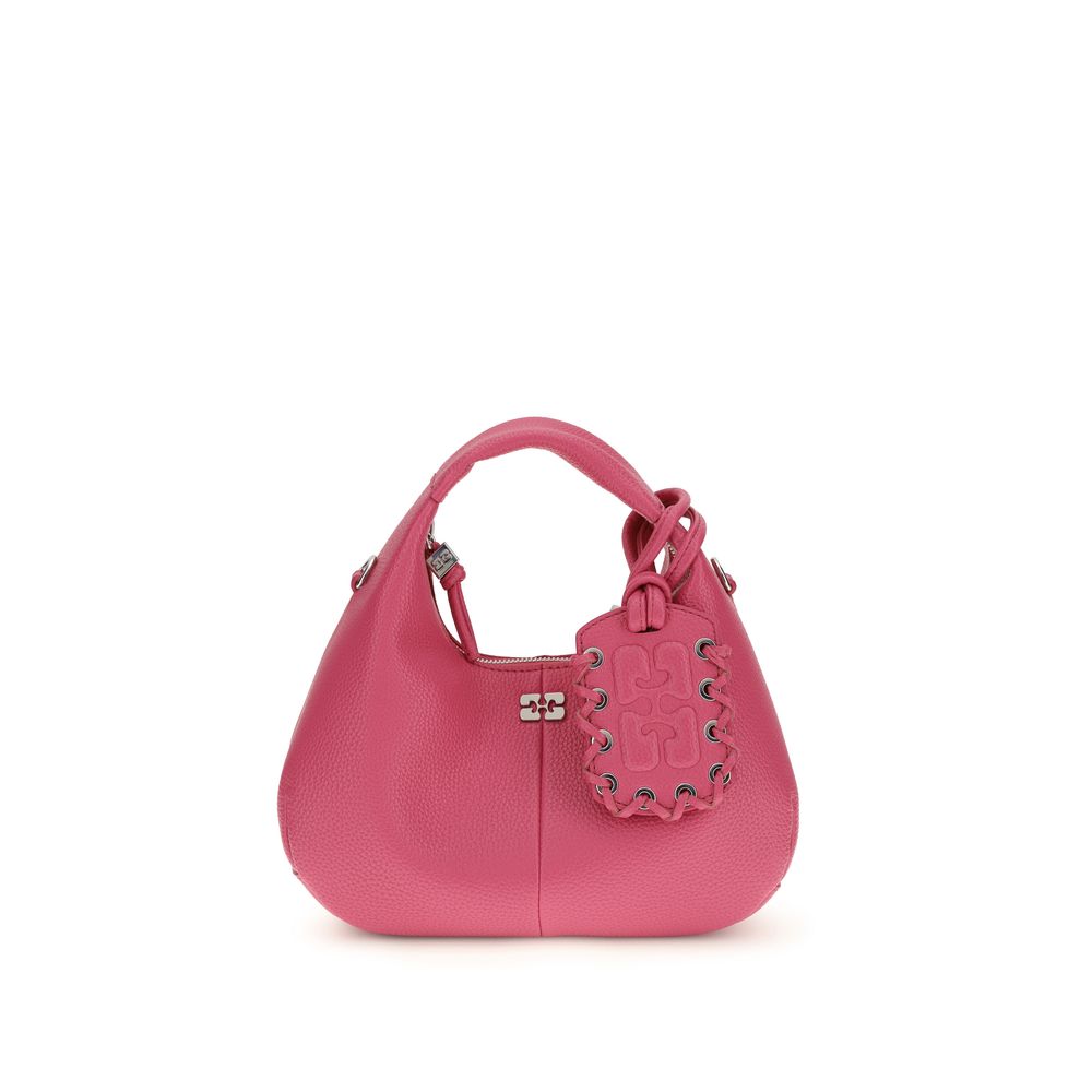 Ganni Mini Hobo Handbag, pink pebbled leather, hobo bag, front view