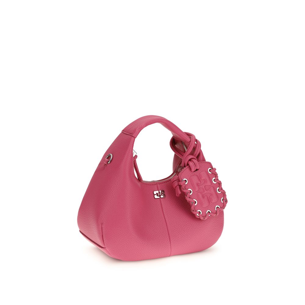 Ganni Mini Hobo Handbag pink pebbled leather shoulder bag with lace-up front panel, front view
