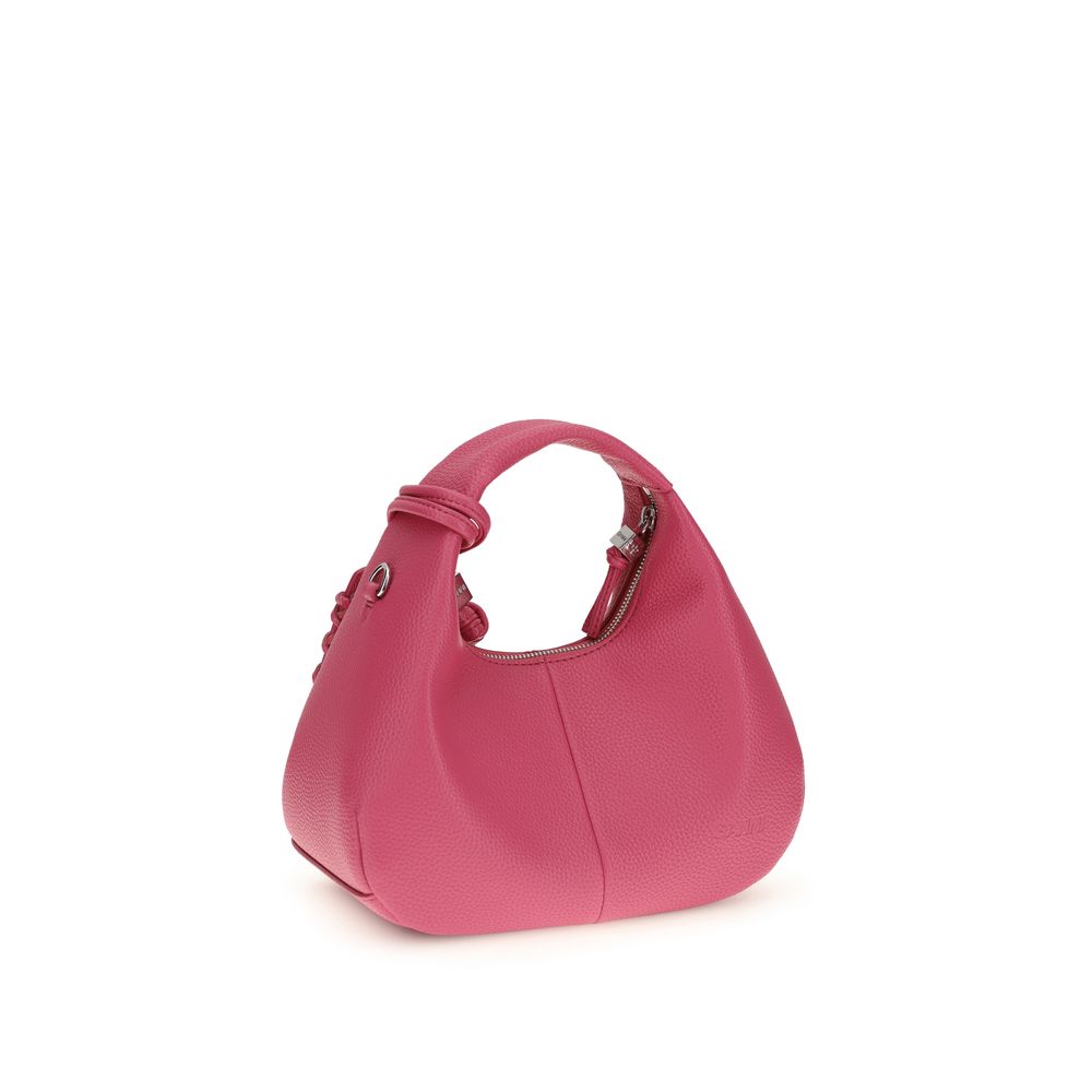 Ganni Mini Hobo handbag, pink pebbled leather, three-quarter view