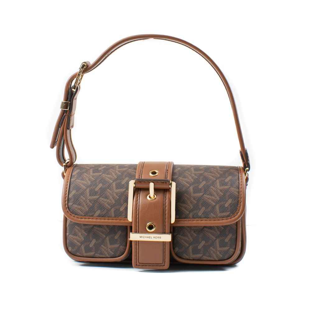 Michael Kors brown canvas shoulder bag with tan leather trim, front view