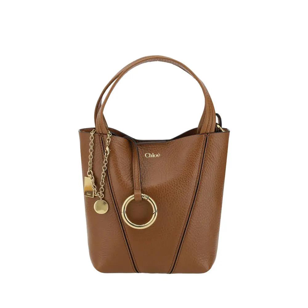 Chloé Spin Mini Shoulder Bag, tan pebbled leather, gold hardware, front view