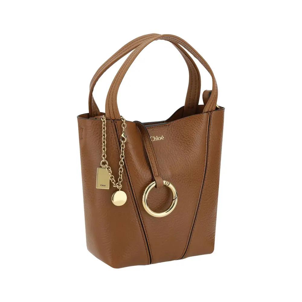 Chloé Spin Mini Shoulder Bag in tan pebbled leather, front view.
