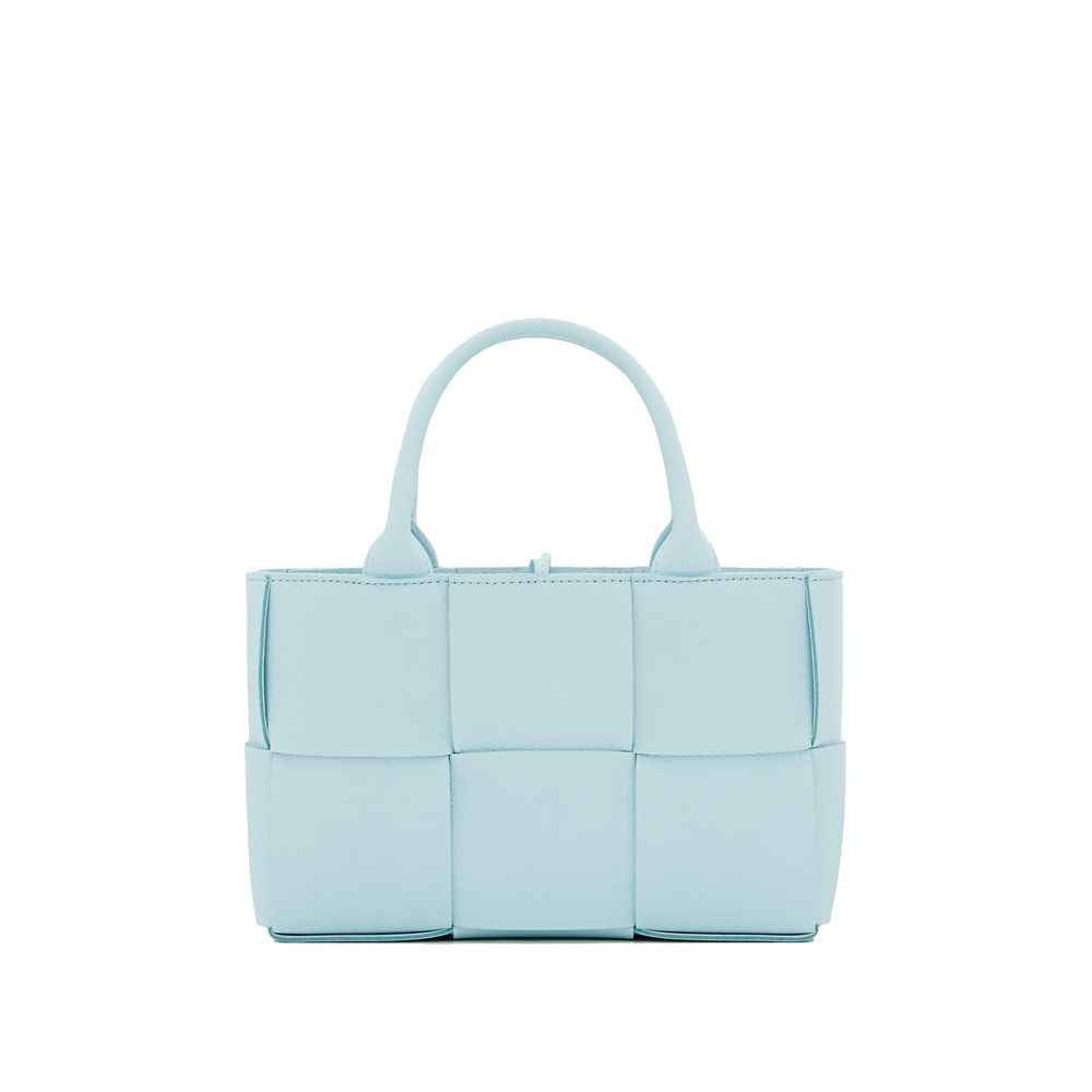 Bottega Veneta Mini Intrecciato Drawcord Tote in light blue leather, front view.