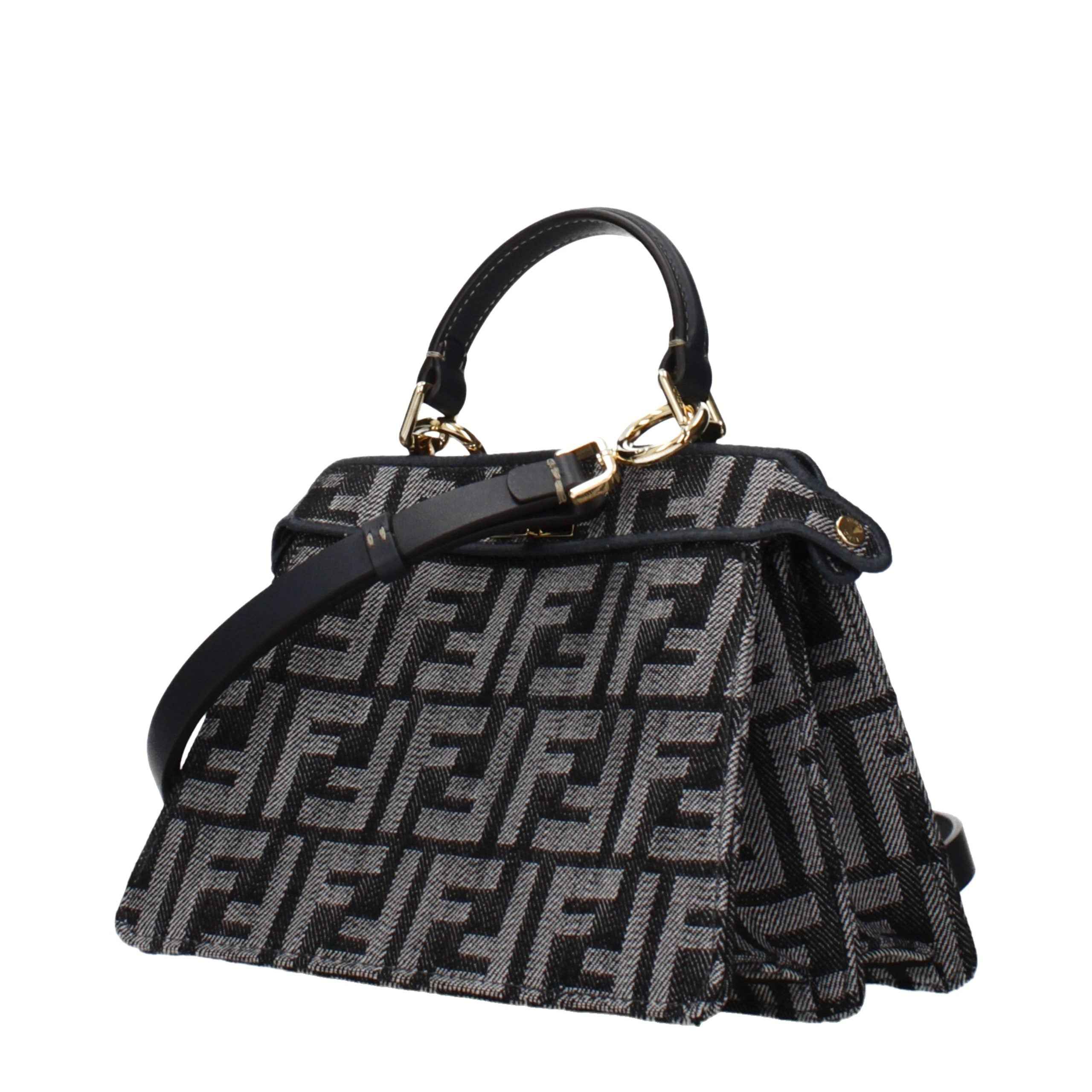 Fendi Peekaboo ISeeU Petite Fabric top-handle bag in black/gray FF fabric, gold hardware, 3/4 front view