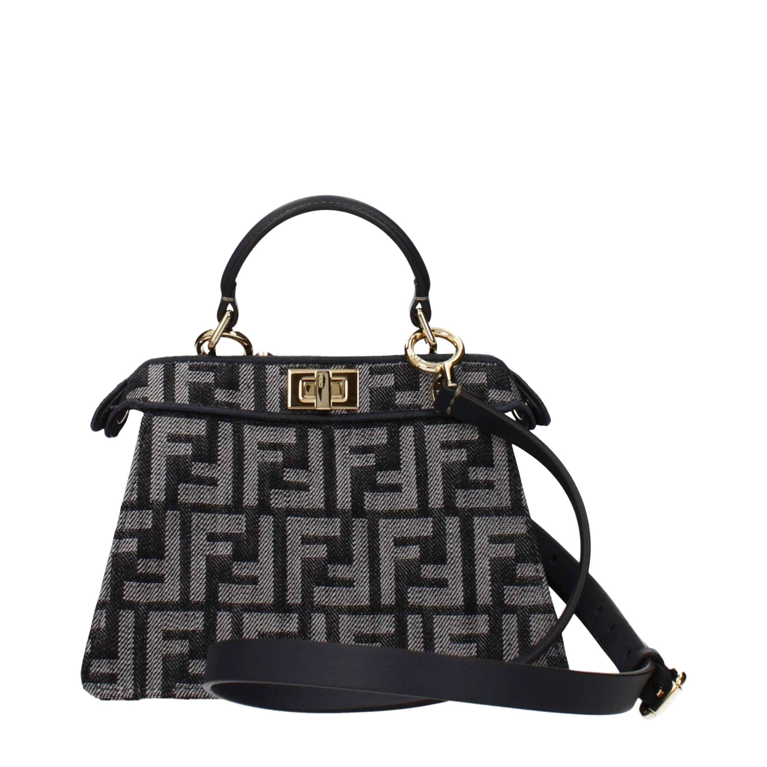 Fendi Peekaboo ISeeU Petite Fabric bag, black and gray FF-pattern fabric, top handle with shoulder strap, front view