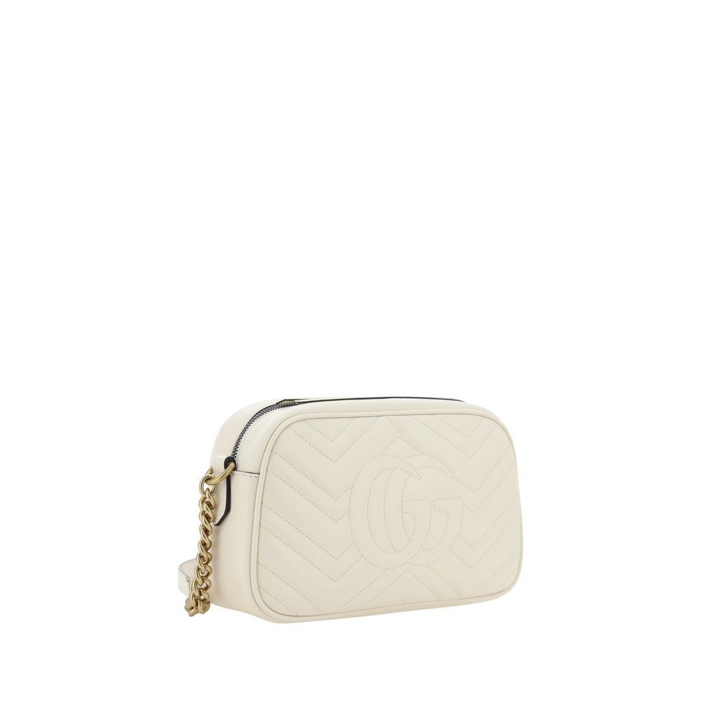 Gucci GG Marmont Matelassé Camera Bag, white leather, gold chain shoulder bag, front view
