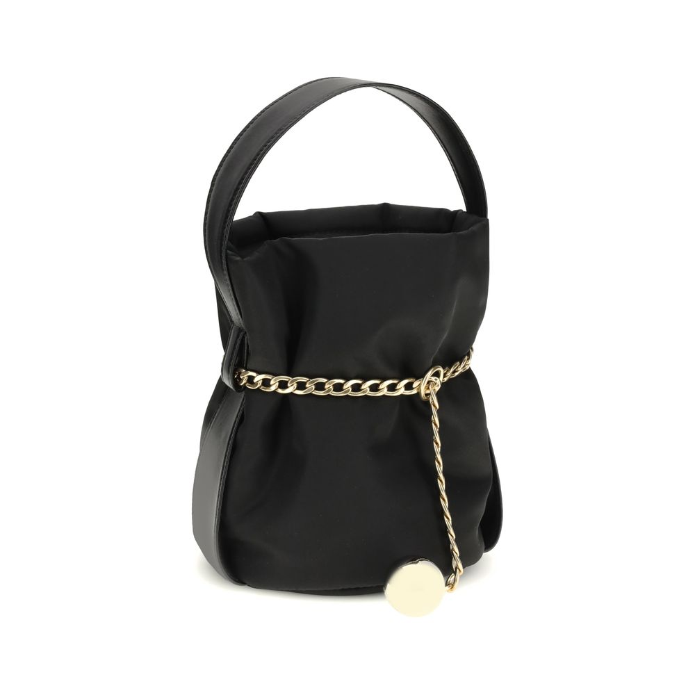 Prada Petit Sac Noir Mini Backet Bag, black fabric bucket bag with gold chain, side view
