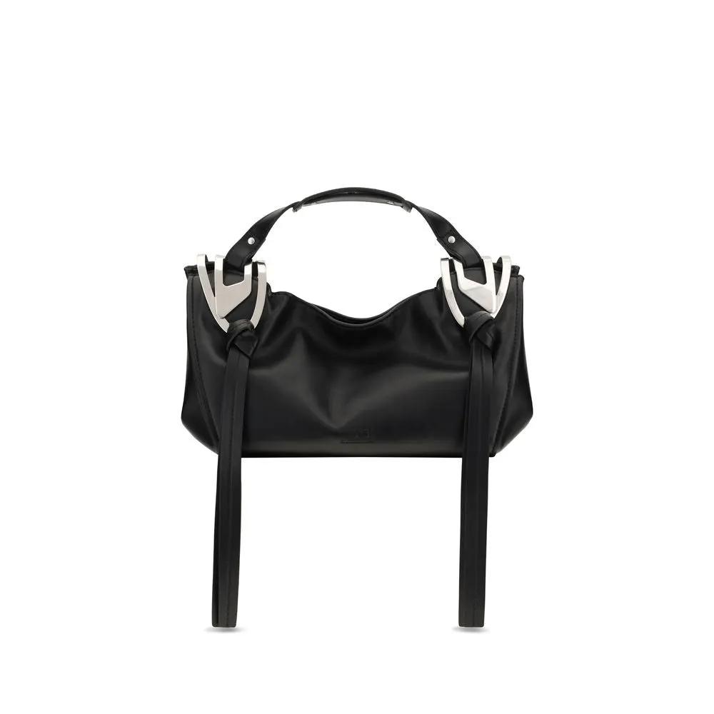 Diesel Knot-D shoulder bag, black leather with top handle and long straps, front view