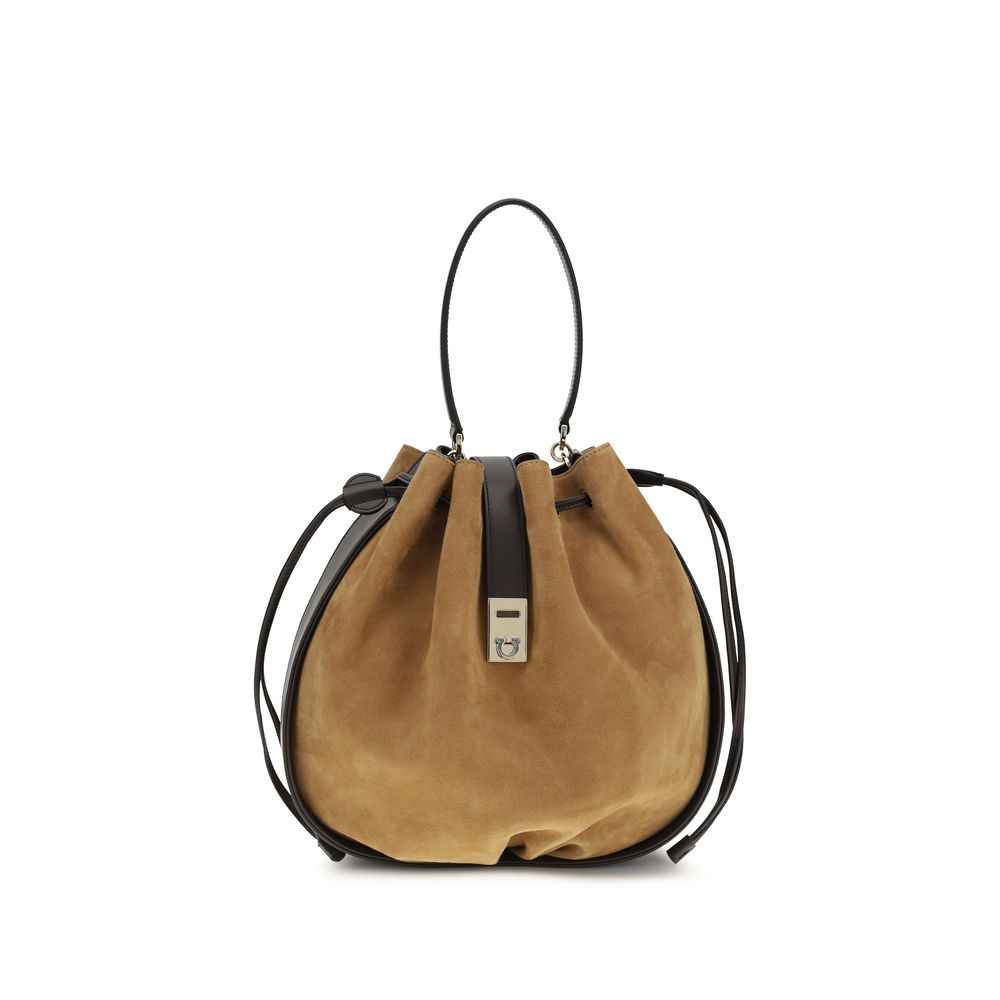 Ferragamo Hug Buckle Bucket Bag, tan suede with black leather trim, front view