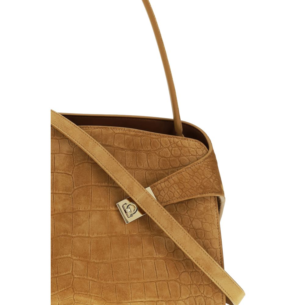 Ferragamo beige goatskin shoulder bag, crocodile-embossed texture, front view