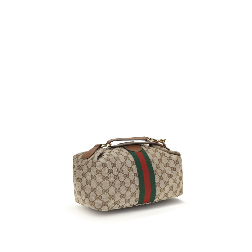 Gucci multicolor fabric handbag, beige GG canvas with green-red stripe, leather trim, top handle, three-quarter view