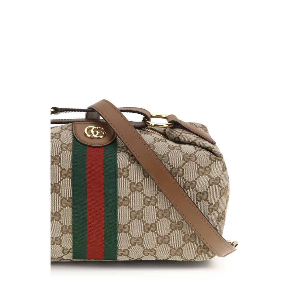Gucci Multicolor Fabric Handbag; beige GG canvas with brown leather trim and green-red stripe, side view