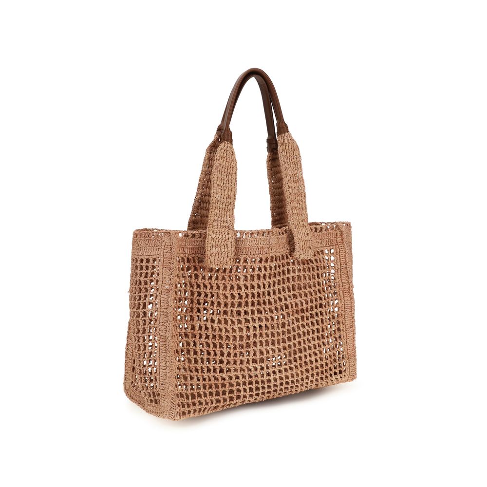 Chloé Beige Raffia Shoulder Bag; beige natural raffia, woven tote-style with two handles, front view