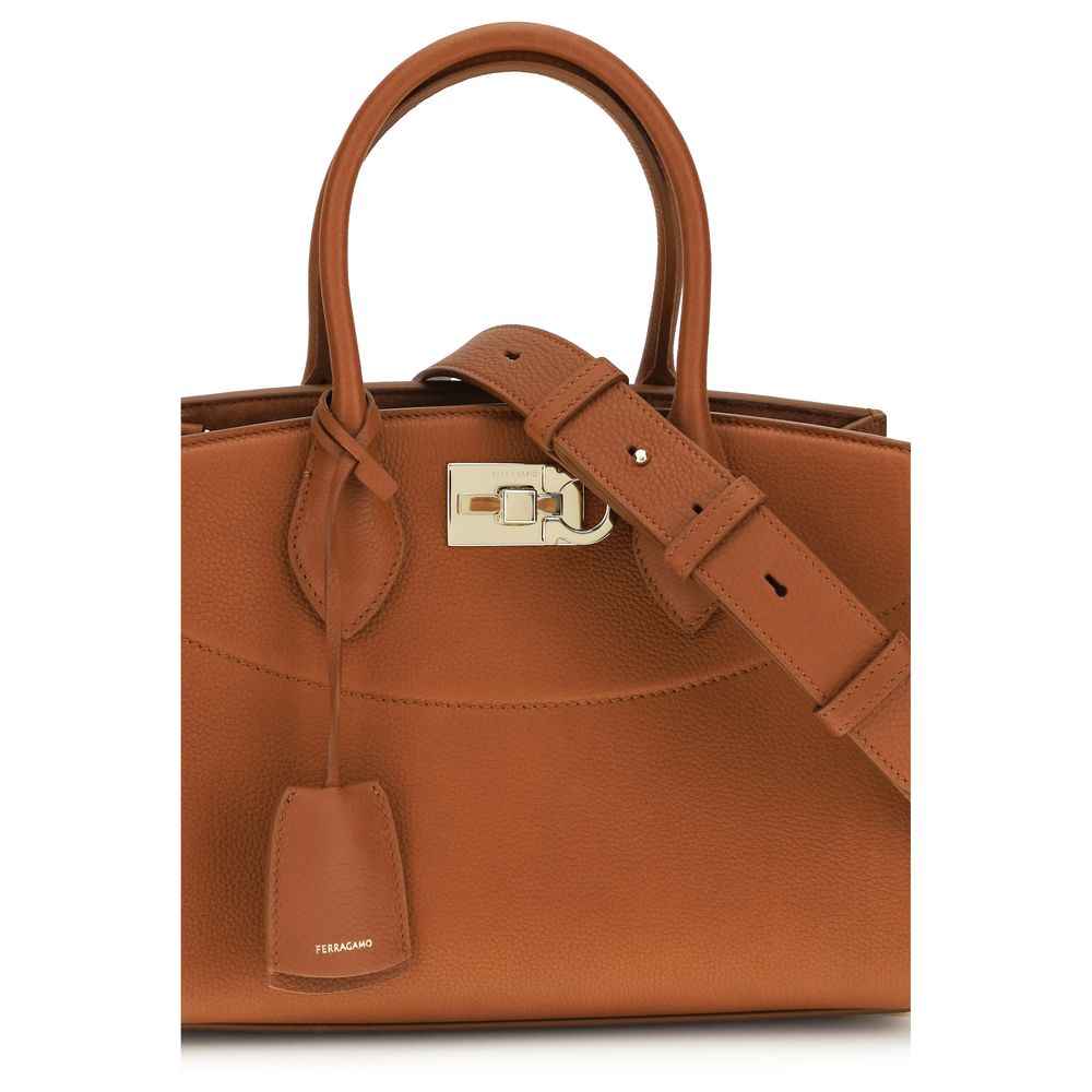 Ferragamo Studio Soft Bag, brown leather top-handle handbag with gold-tone hardware, front view
