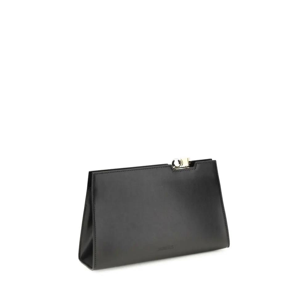 Jacquemus Le Salon black leather shoulder bag, front view.