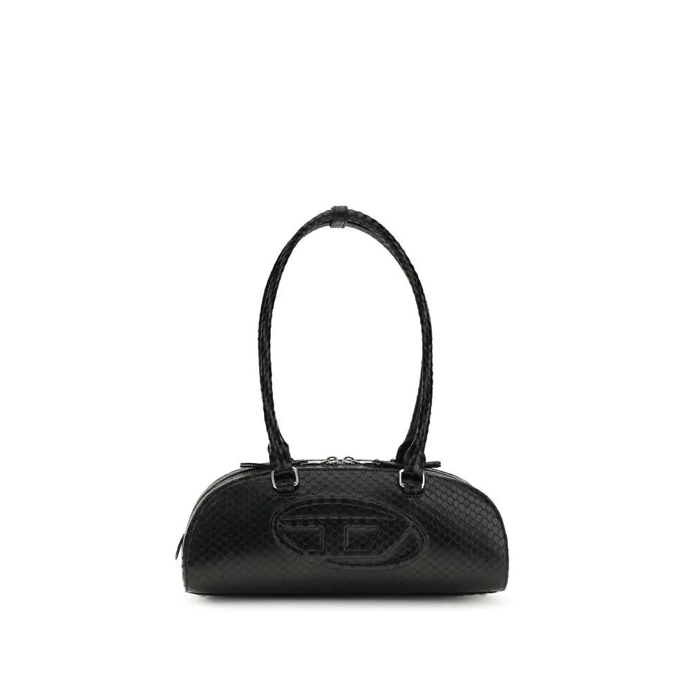Diesel DR Dome Shoulder Bag in black snake-embossed leather, braided handles, front view