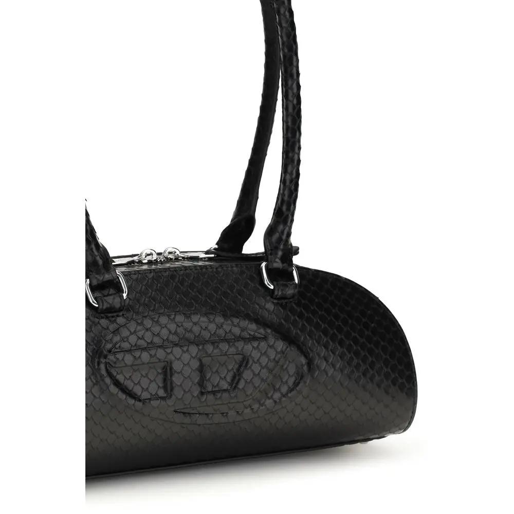 Diesel DR Dome Shoulder Bag, black snakeskin-embossed leather, front view
