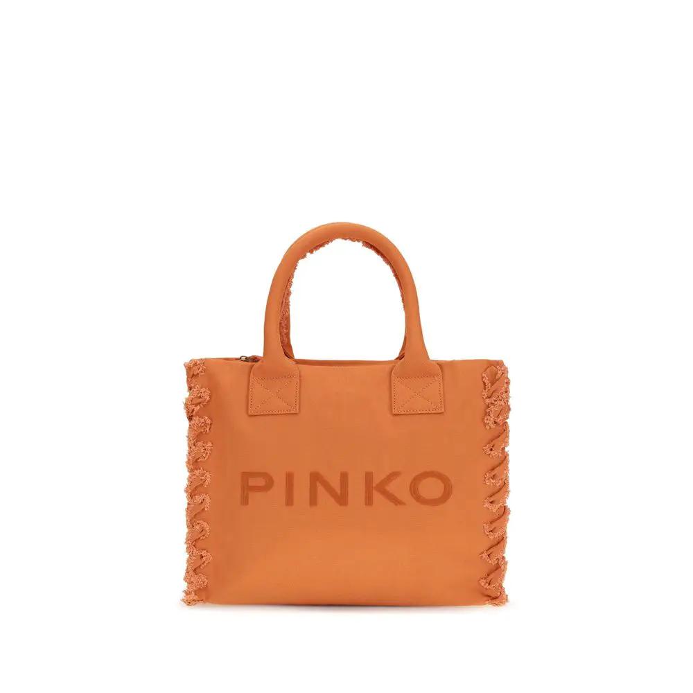 PINKO Orange Cotton Shoulder Bag, orange cotton body with logo, fringe-trimmed sides, front view