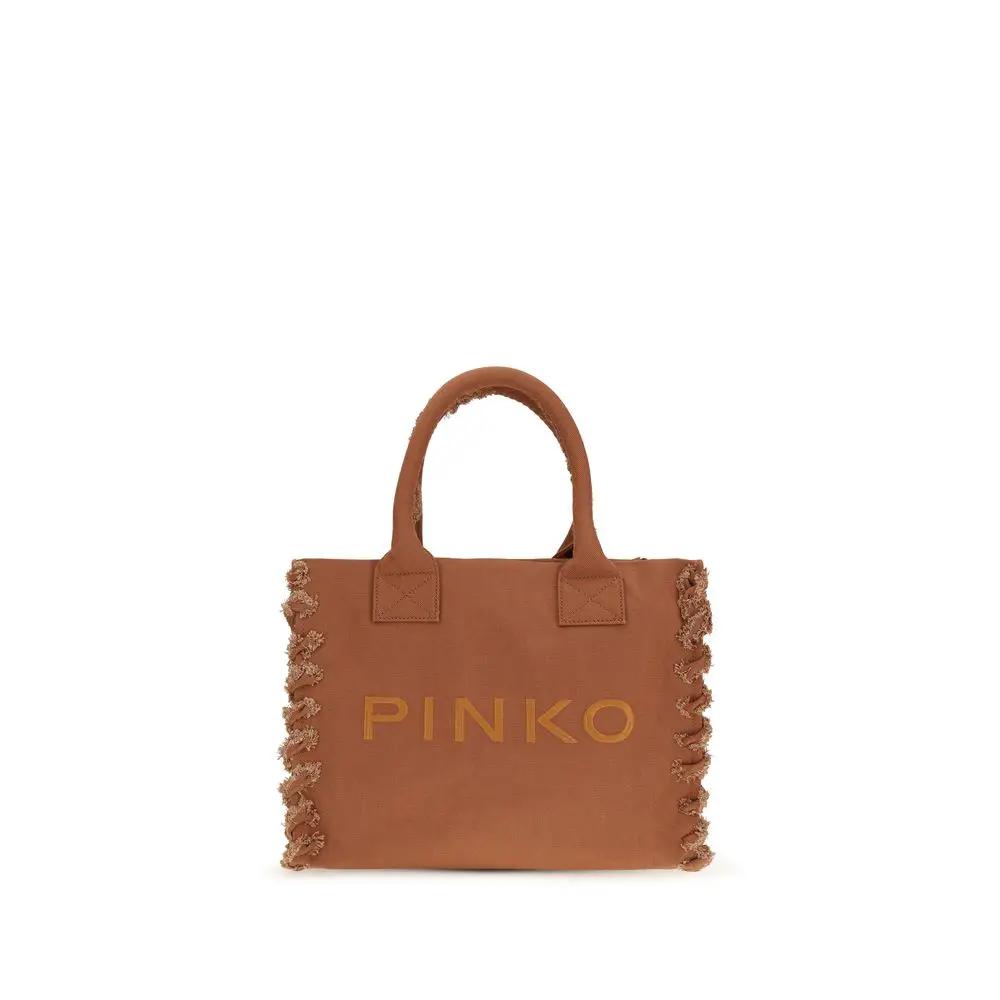 PINKO brown cotton shoulder bag with logo on front, front view