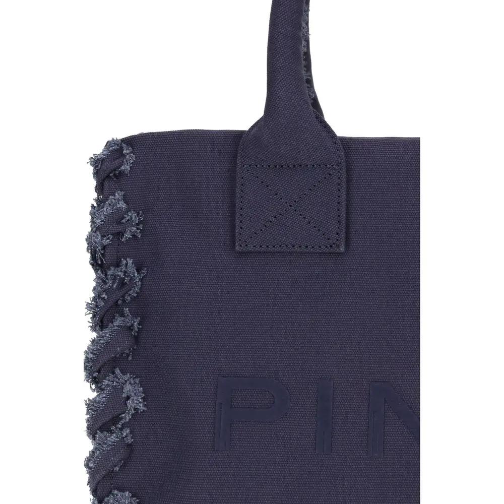 PINKO Blue Cotton Shoulder Bag, navy fabric with fringe detailing, front view