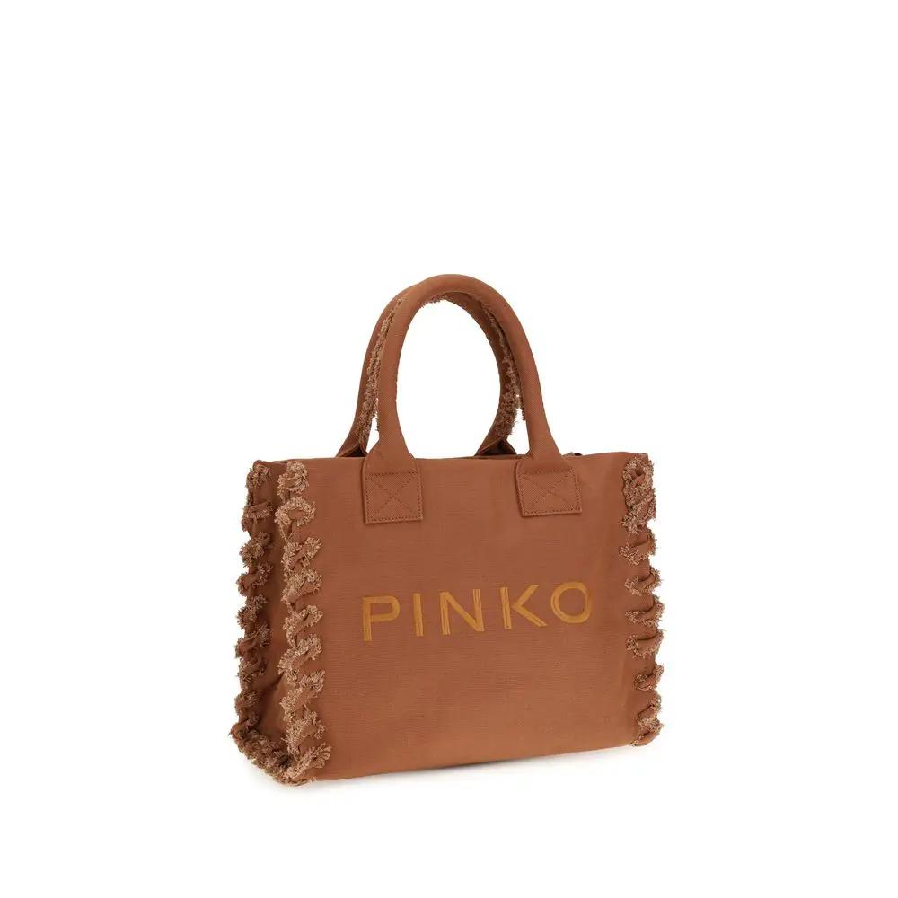 PINKO brown cotton shoulder bag with frayed side fringe, logo detail, front view