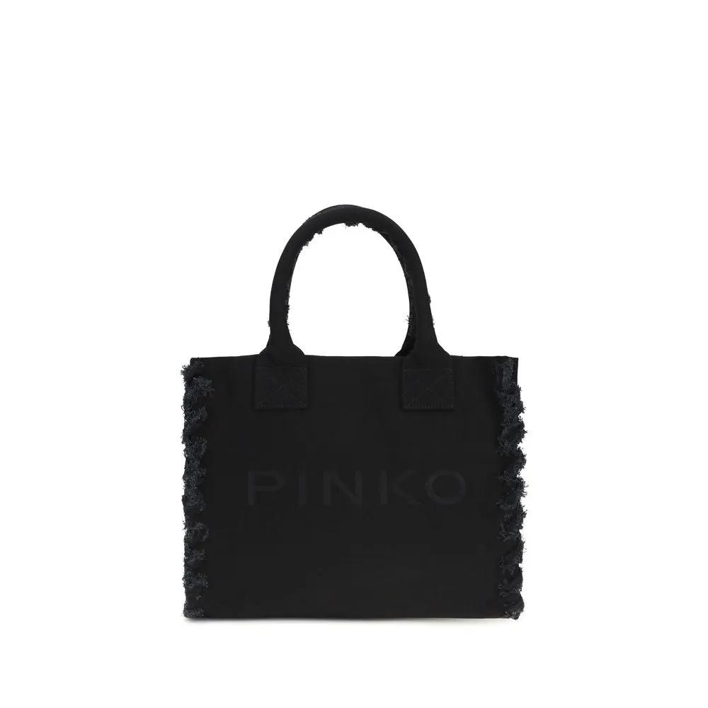 PINKO black cotton shoulder bag with frayed edges, front view