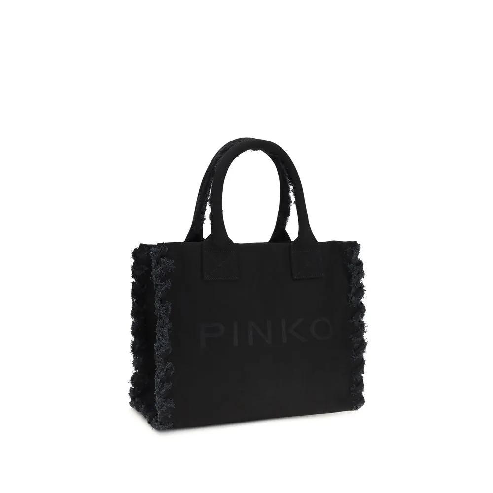 PINKO Black Cotton Shoulder Bag with fringe trim front view