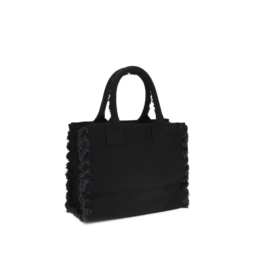 PINKO Black Cotton Shoulder Bag with frayed-edge trim front view
