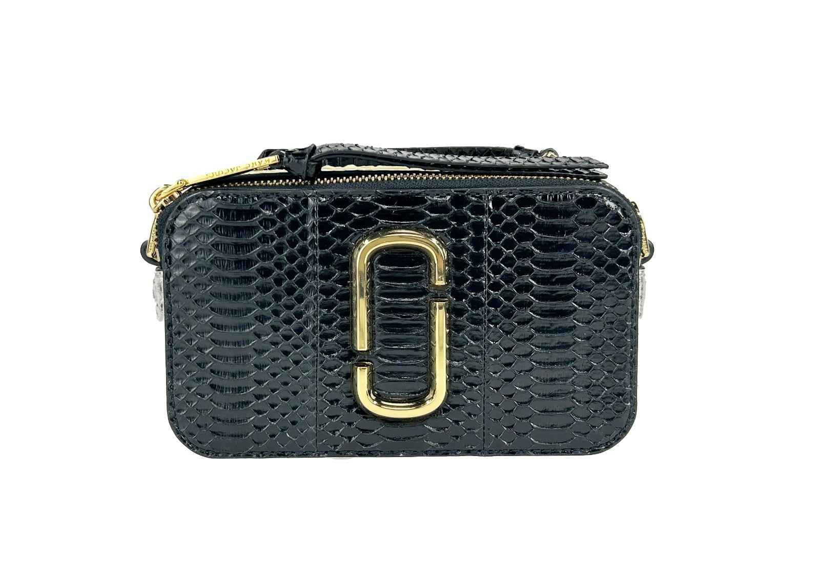 Marc Jacobs The Snapshot Snake Skin Crossbody Bag, black snakeskin leather, front view.