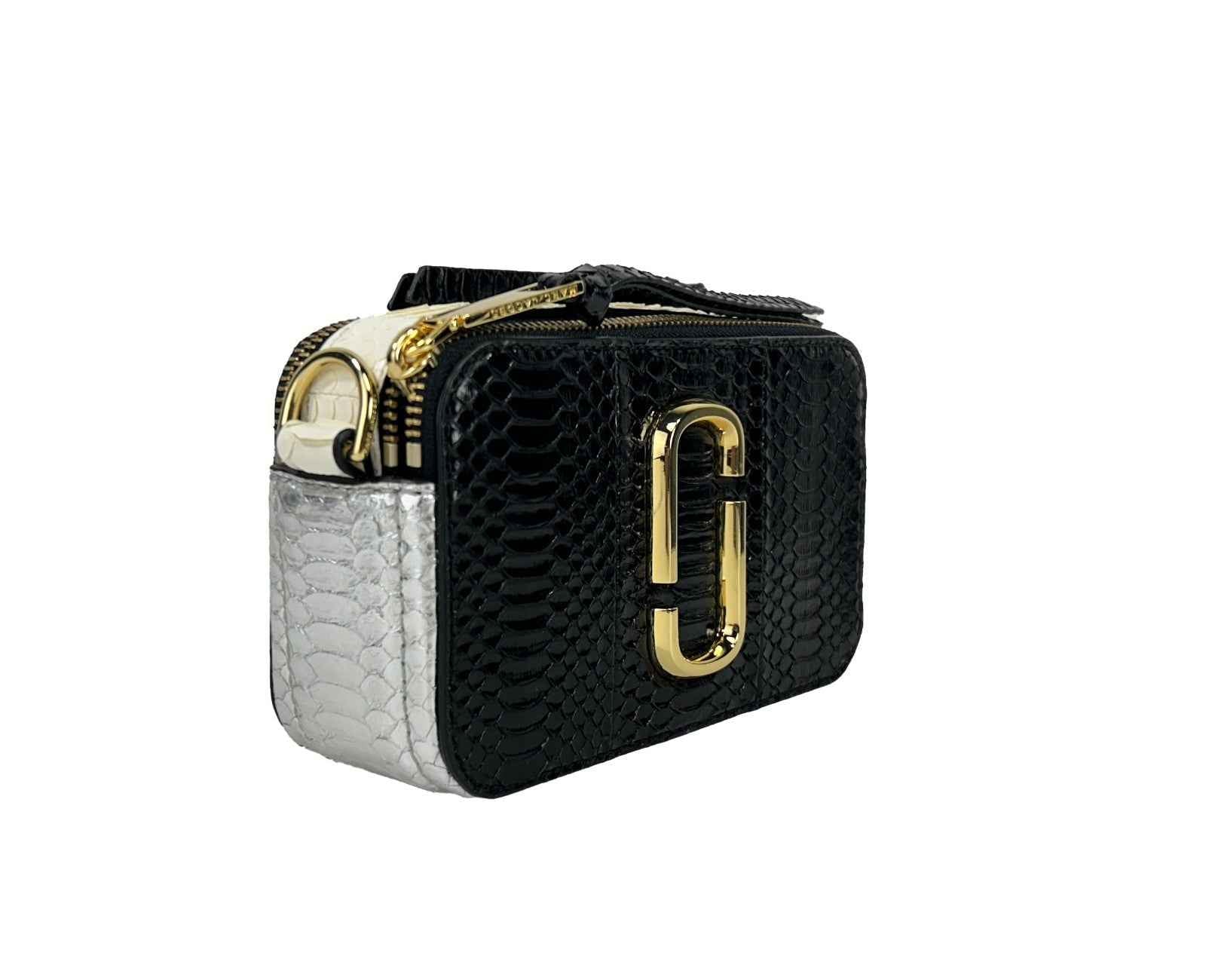 Marc Jacobs The Snapshot Snake Skin Crossbody Bag, black with white side panels, front view