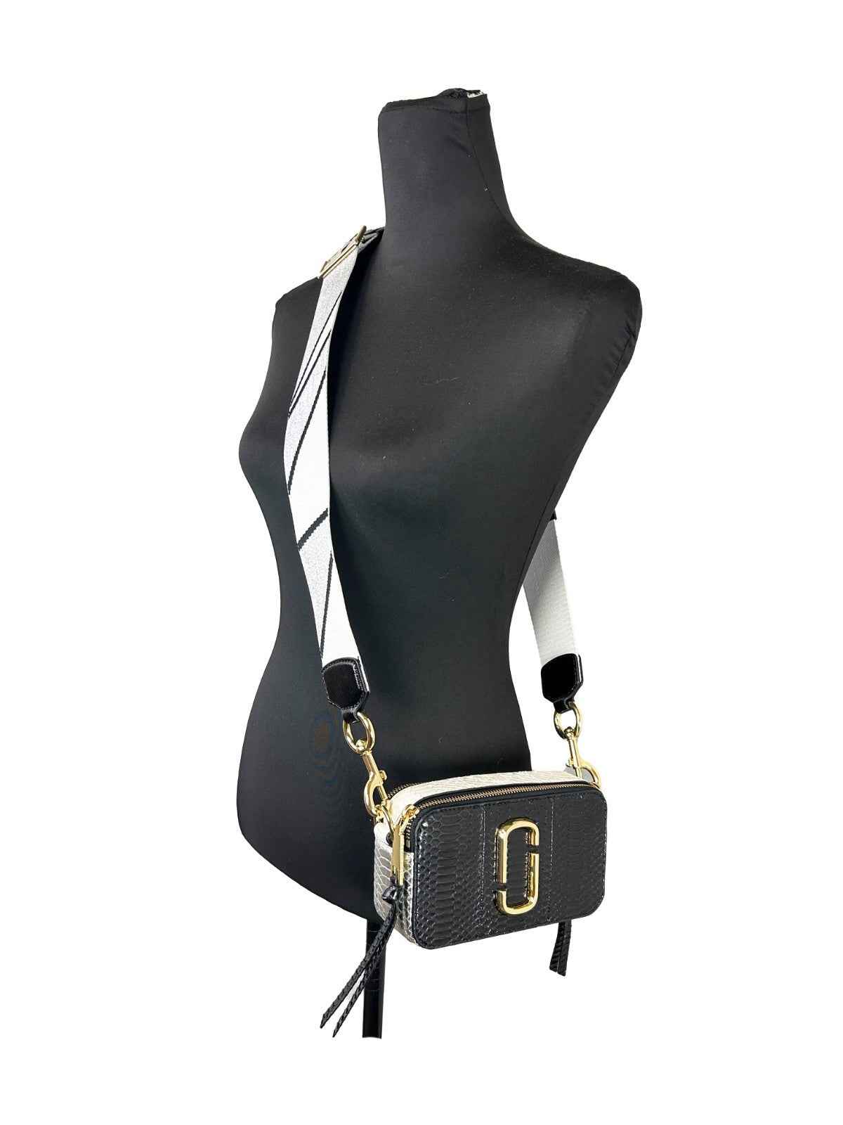 Marc Jacobs The Snapshot Snake Skin Crossbody Bag, black snakeskin, gold hardware, white striped strap, front view