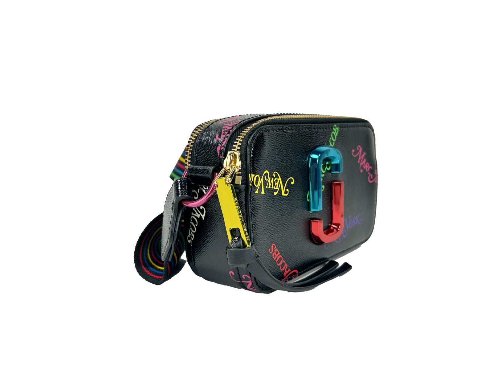 Marc Jacobs New York X The Snapshot Bag black textured leather crossbody, three-quarter view