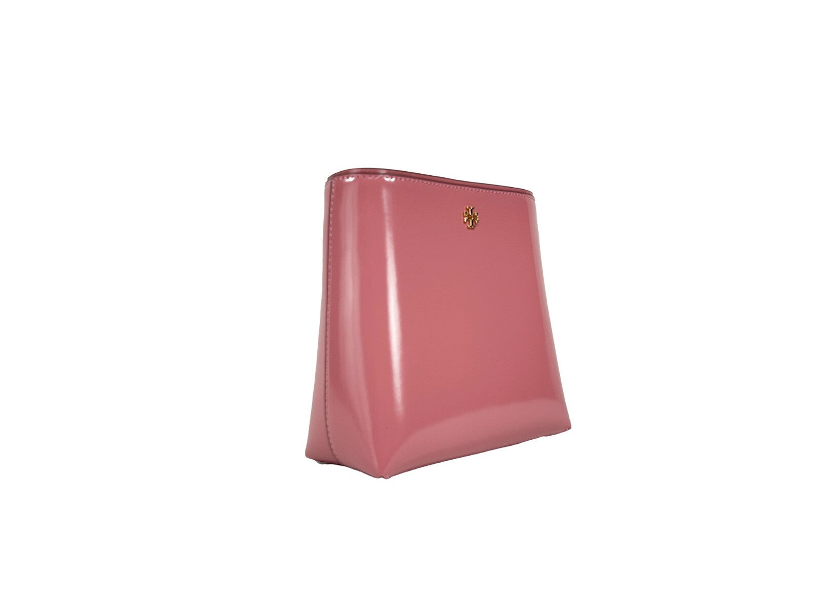 Tory Burch Emerson Small Bucket Bag patent pink leather 3/4 front view