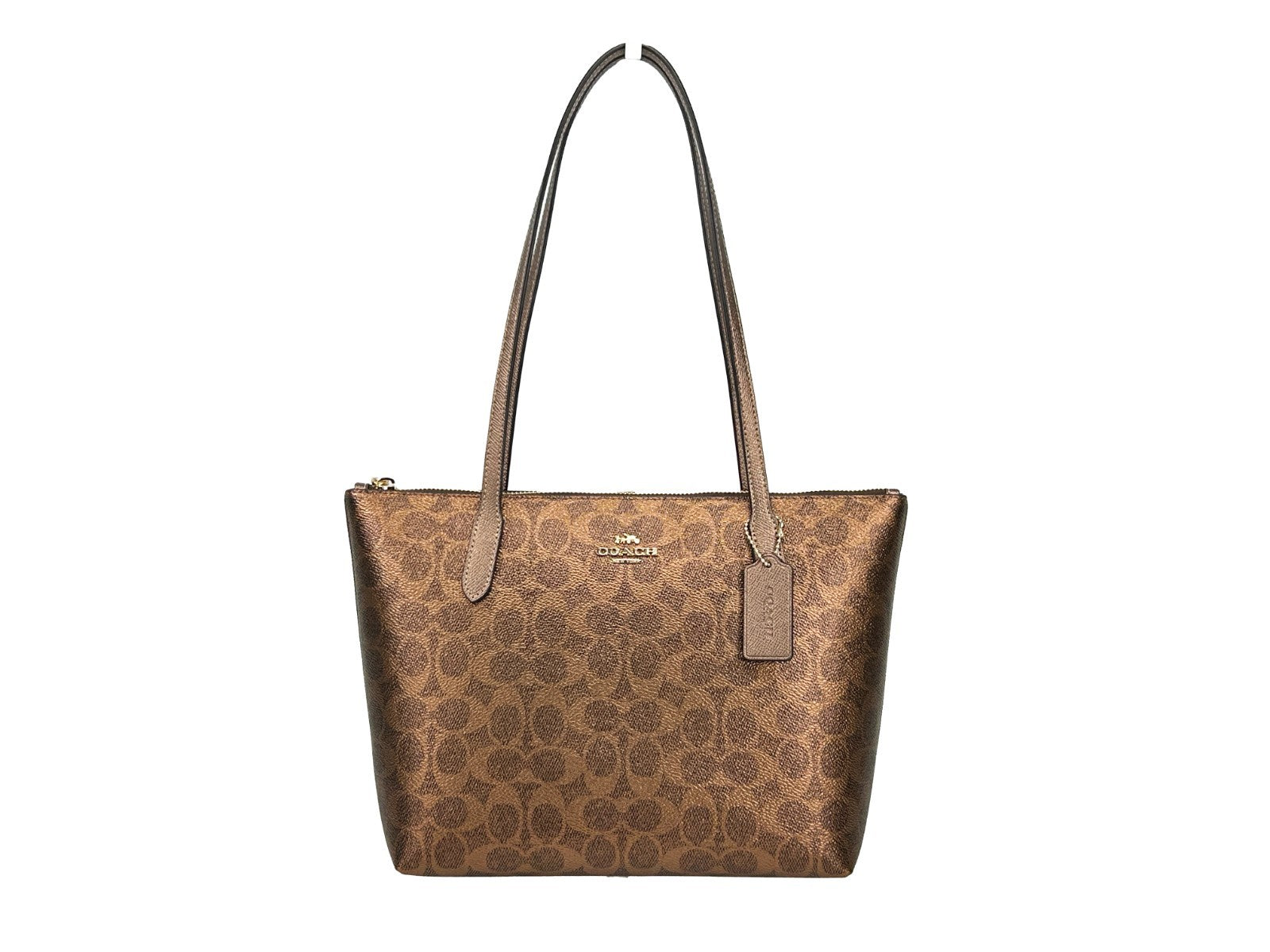 COACH Coach Signature Fiona Zip Tote Bag brown metallic canvas, leather handles, front view