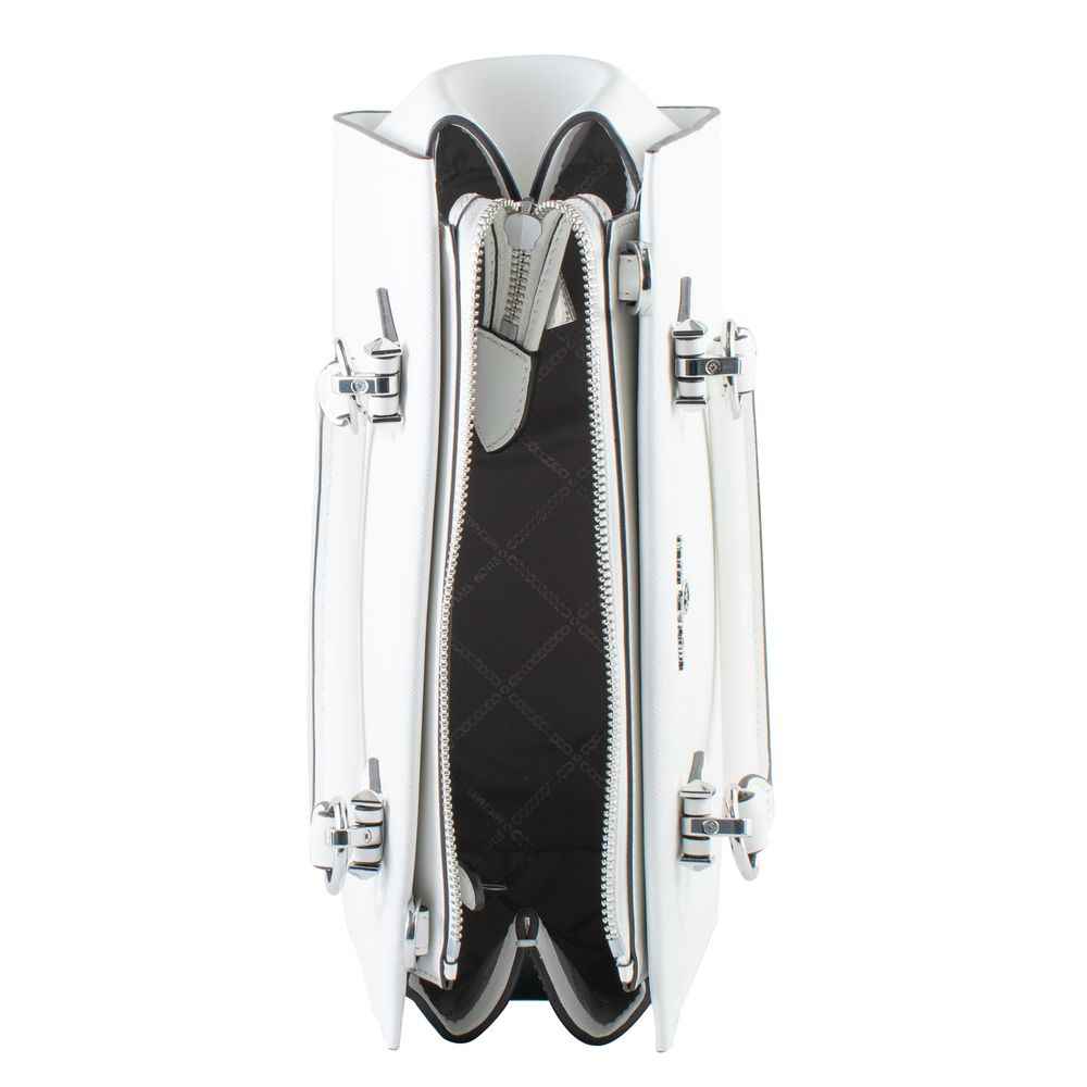 Michael Kors beige canvas handbag, tote with silver hardware, side view