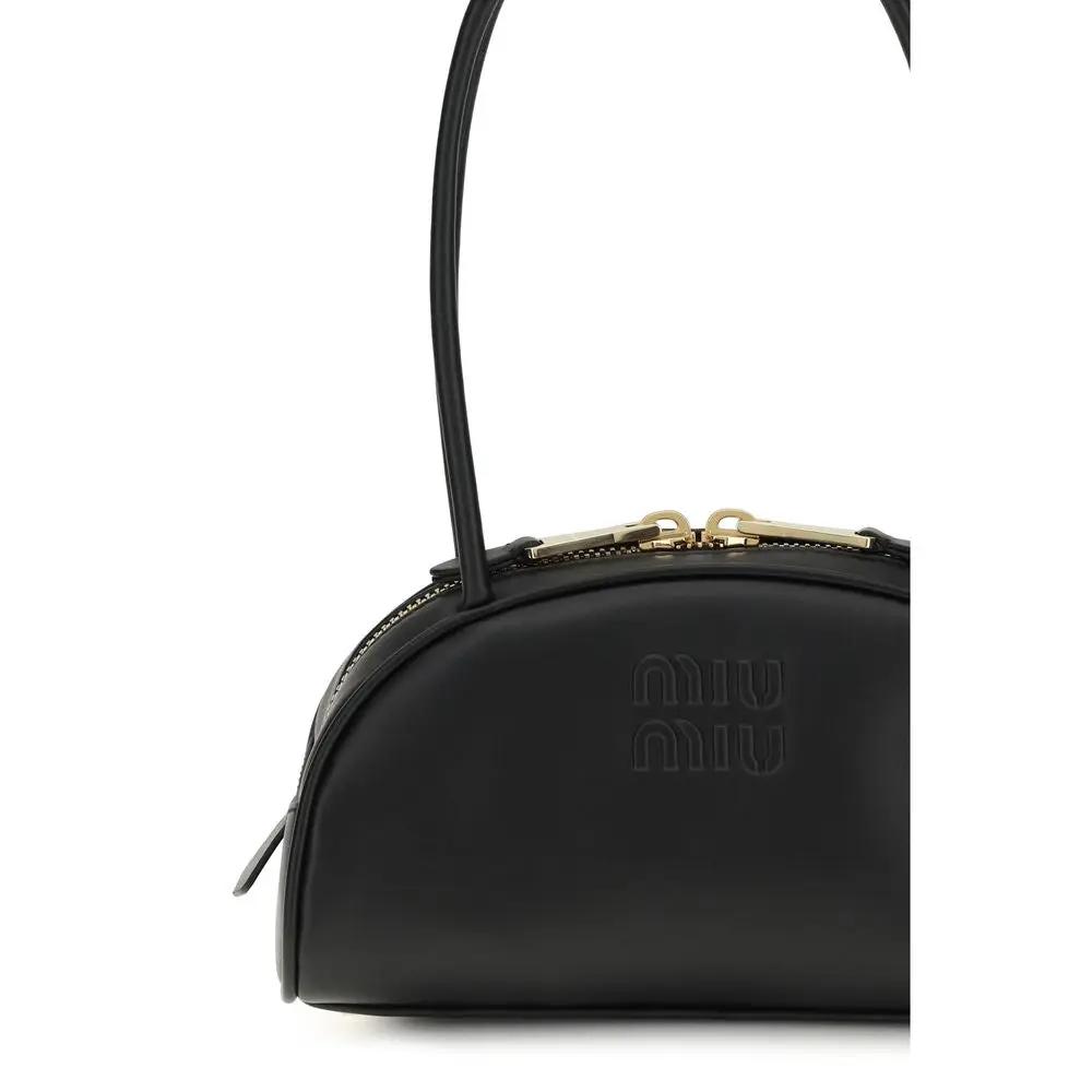 Miu Miu The Beau shoulder bag in black leather with embossed logo, side view