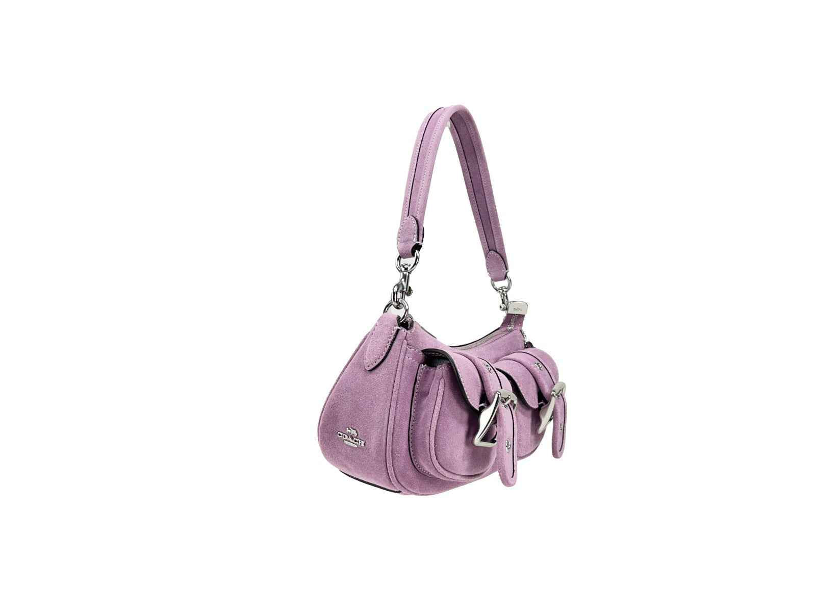 COACH Ashton suede pink shoulder bag with buckle details, front view