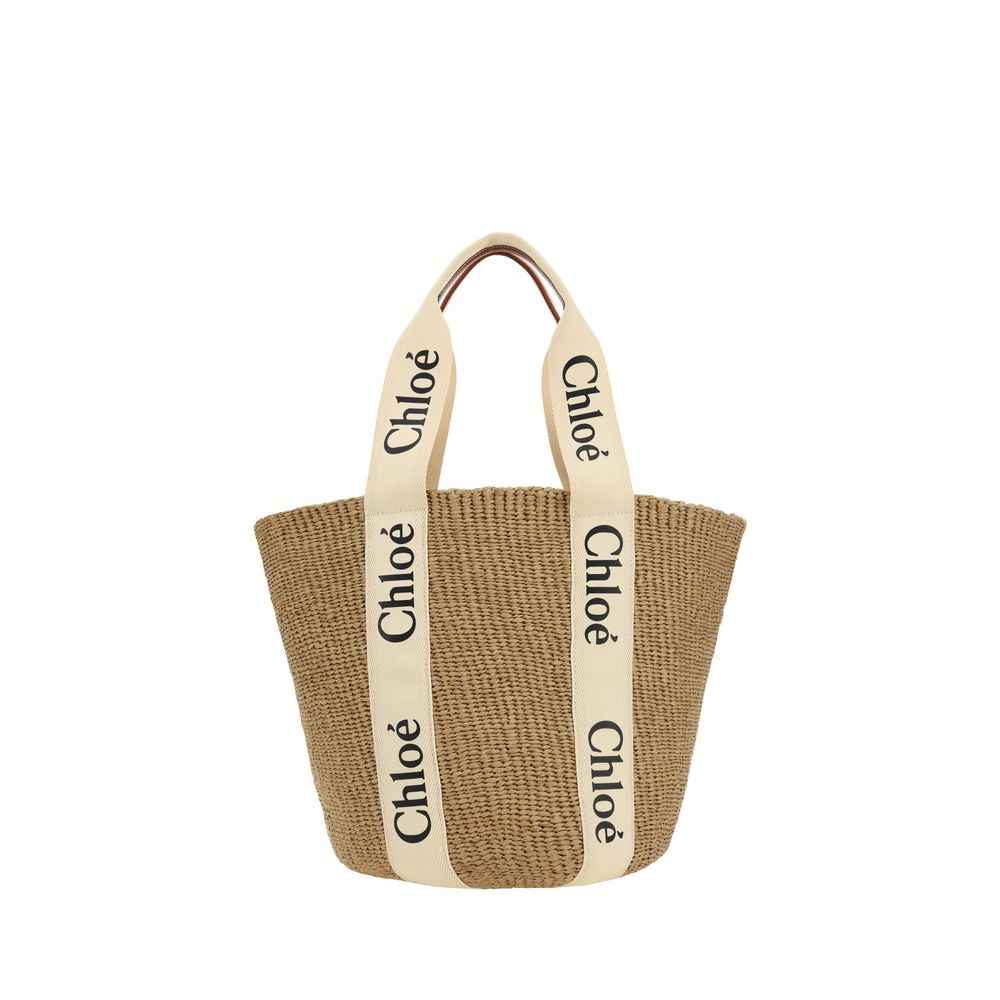 Chloé Brown Paper Shoulder Bag, brown woven straw, cream logo straps, front view