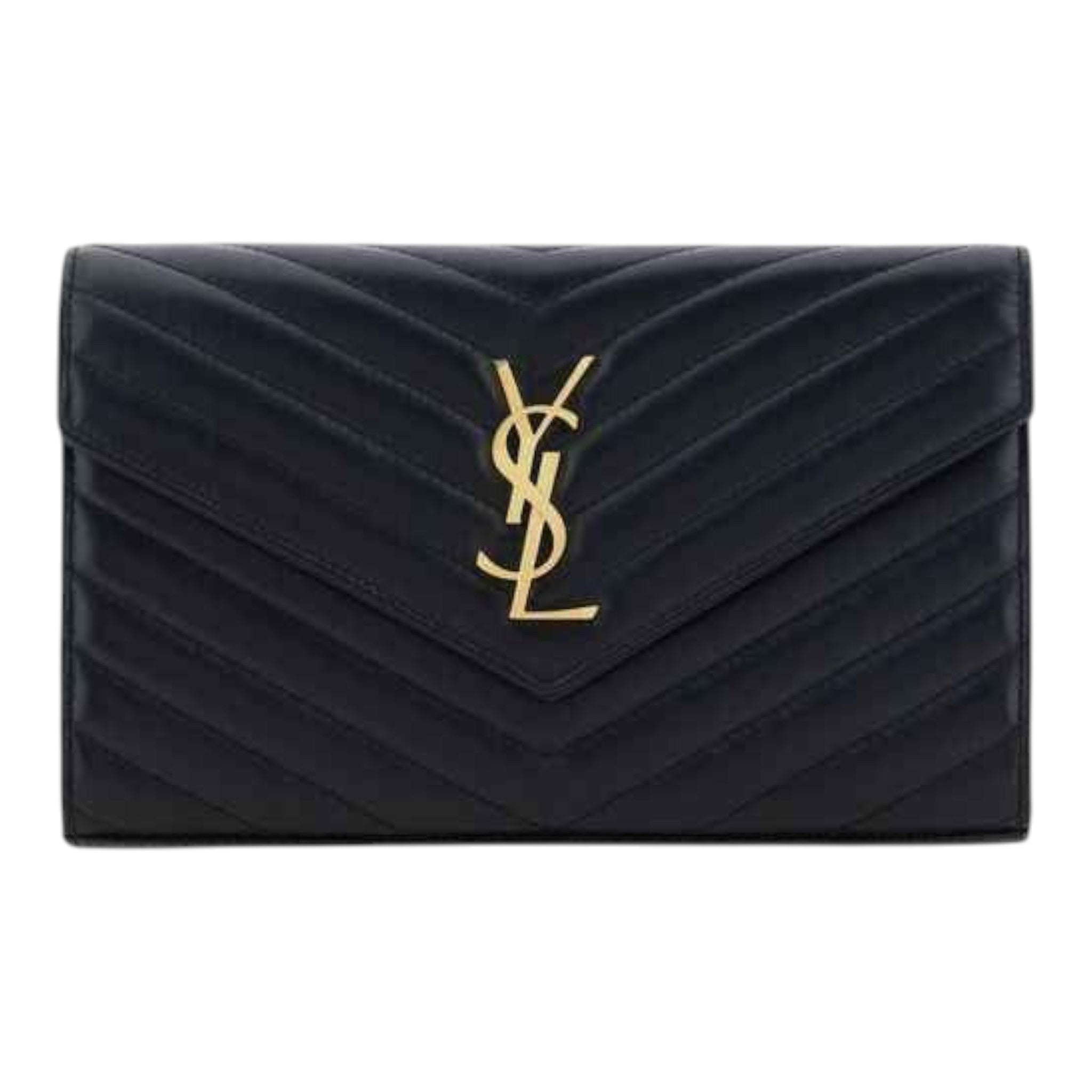 Saint Laurent Ovis Aries Aries shoulder bag in black lamb leather, chevron quilted with gold YSL logo—front view