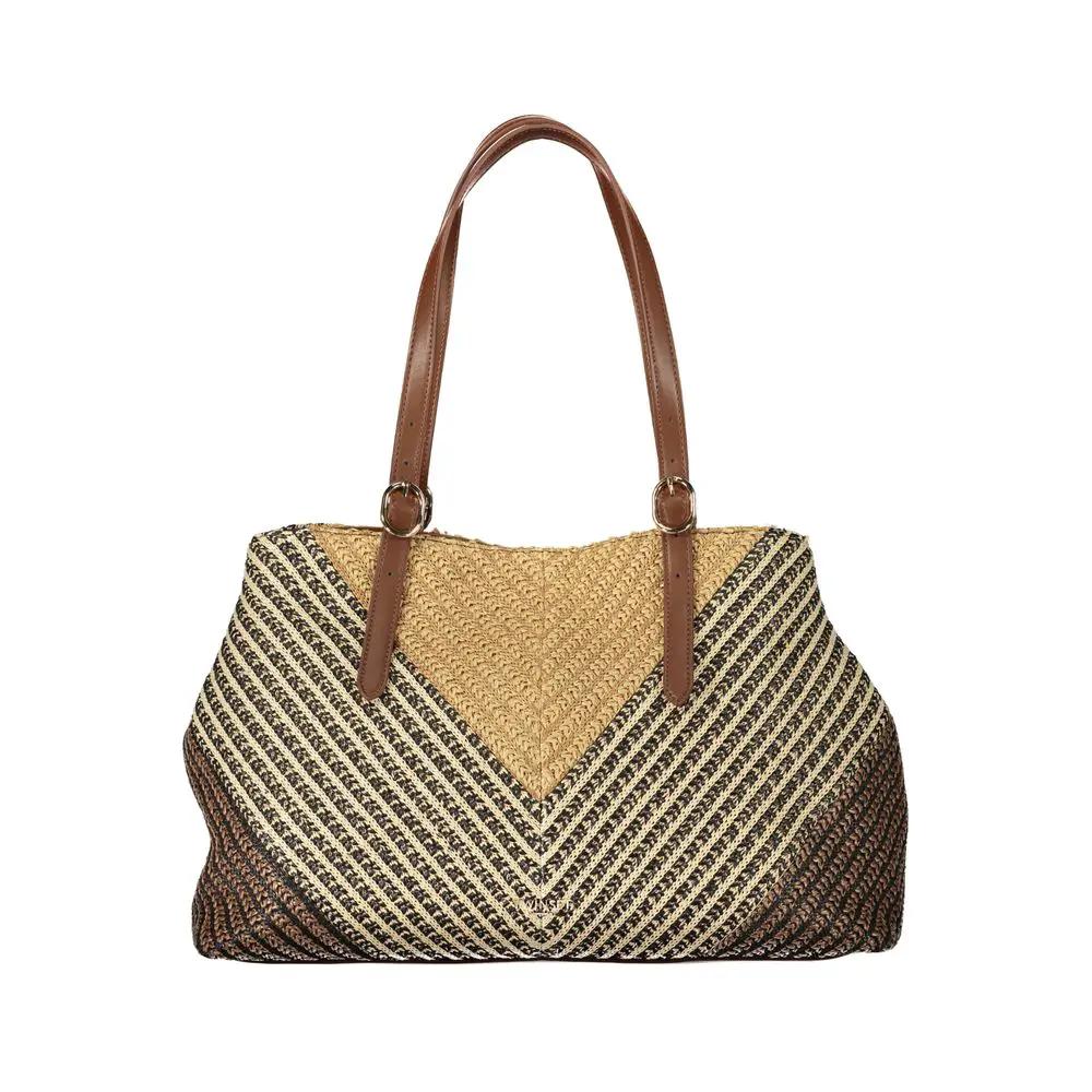 Twinset Brown Handbag shoulder bag, woven straw with leather straps, beige-brown gradient, front view