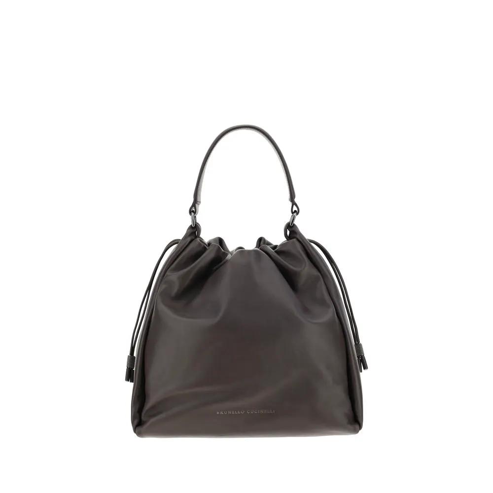 Brunello Cucinelli Mellow Bucket bag, dark brown leather with top handle, front view.