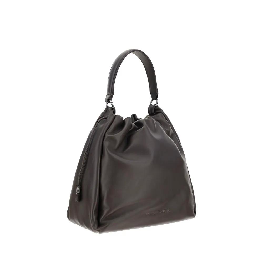 Brunello Cucinelli Mellow Bucket bag, dark brown leather, front view.