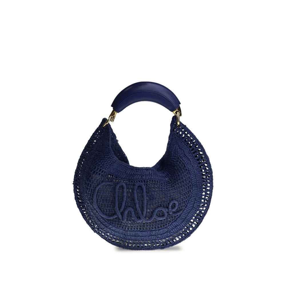 Chloé Raffia Shoulder Bag navy blue raffia with blue leather handle, front view