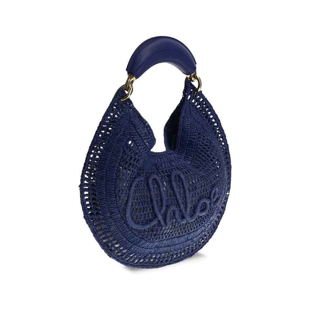 Chloé Raffia Shoulder Bag, navy blue raffia, three-quarter front view