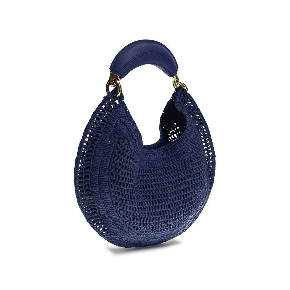Chloé blue Raffia Shoulder Bag, woven crescent body with leather top handle, front view