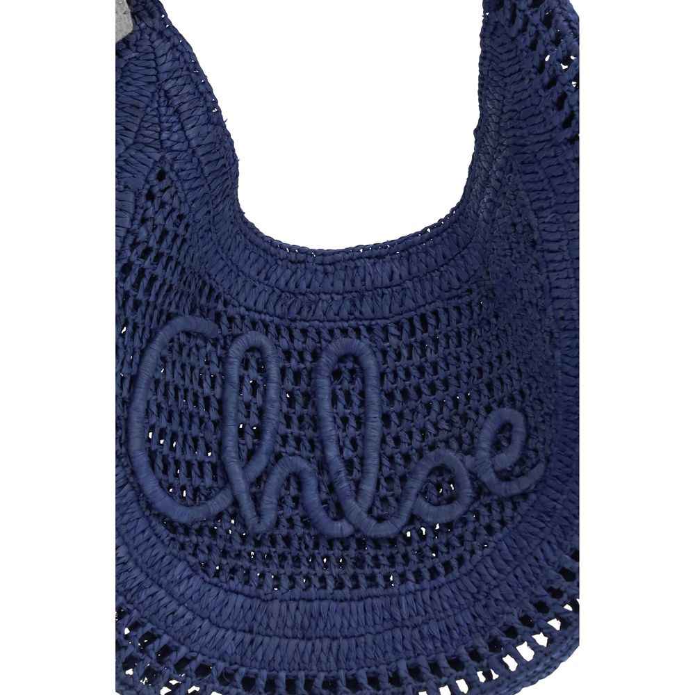 Chloé Raffia shoulder bag, navy blue, logo detail, front view