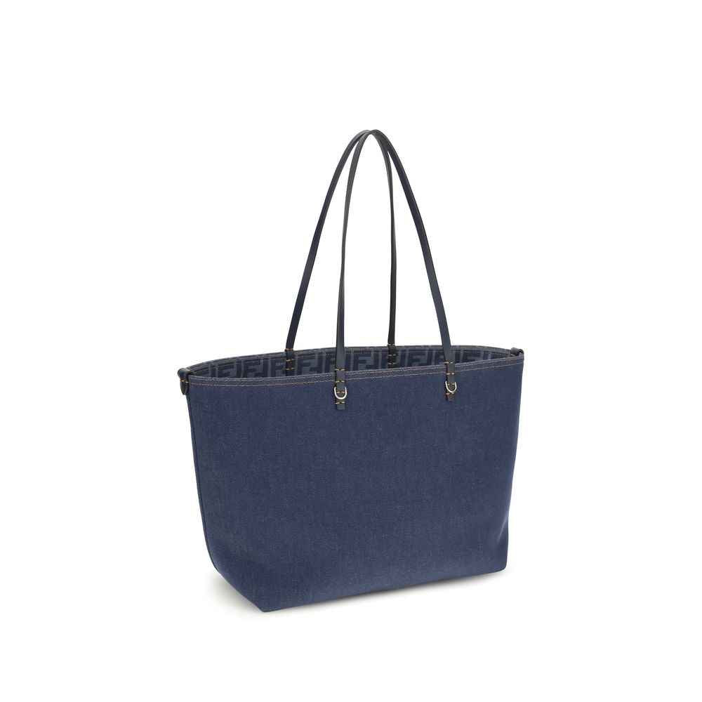Fendi Blue Cotton Shoulder Bag with dual straps front view